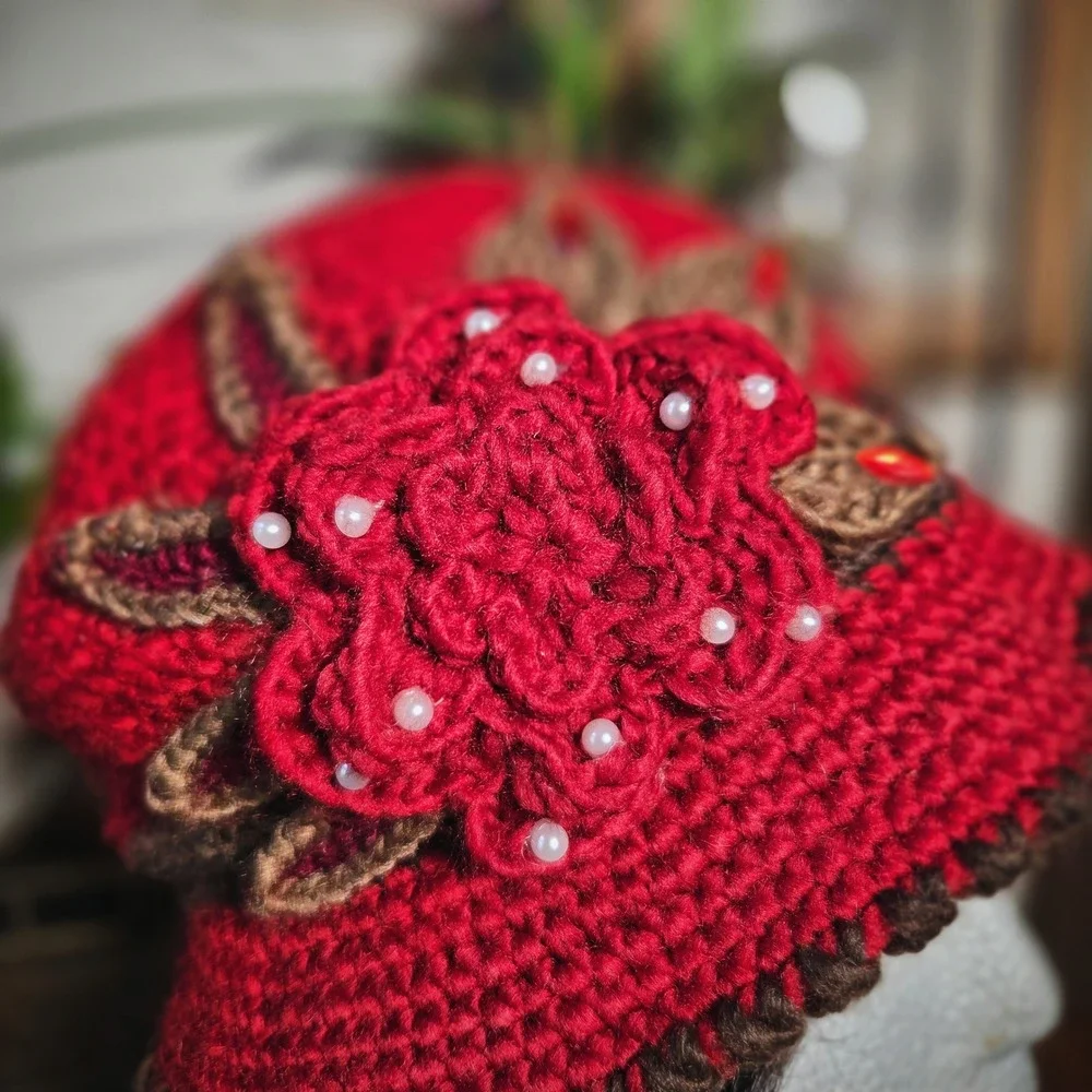 Handmade Red Knit Crochet Cloche‎ Hat Floral Pearl Accent Bucket Hat